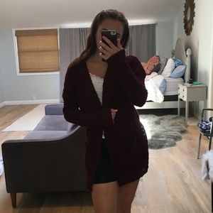 maroon, crochet sweater with pockets